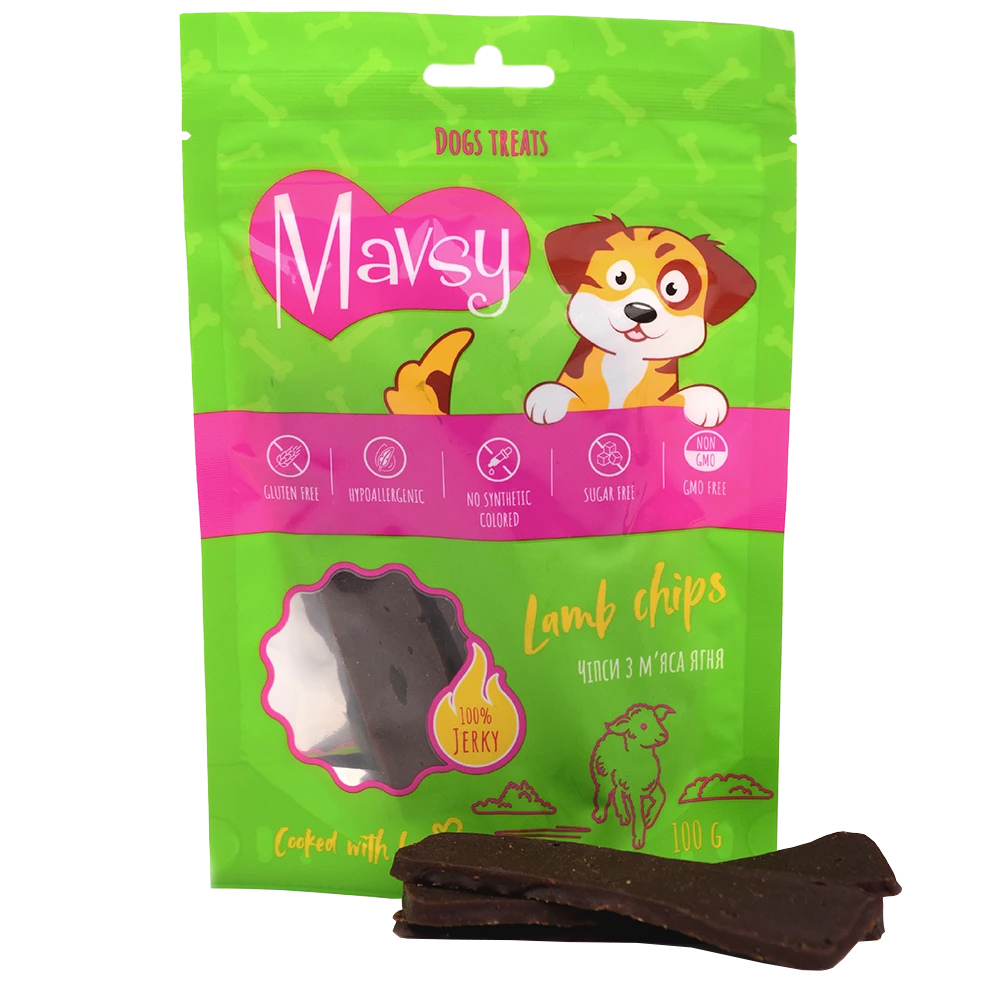 Recompense pentru câini MAVSY, chips cu miel, 100 g, ambalaj produs