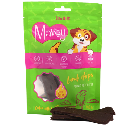 Recompense pentru câini MAVSY, chips cu miel, 100 g, ambalaj produs