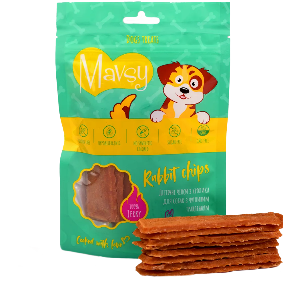 Recompense pentru câini cu digestie sensibila MAVSY, chips cu carne de iepure, 100 g