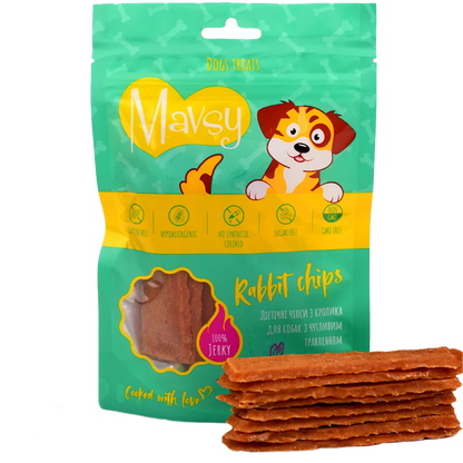 Recompense pentru câini cu digestie sensibila MAVSY, chips cu carne de iepure, 100 g