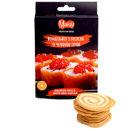 Recompense pentru câini MAVSY, Philadelphia cu somon si icre rosii, 100 g