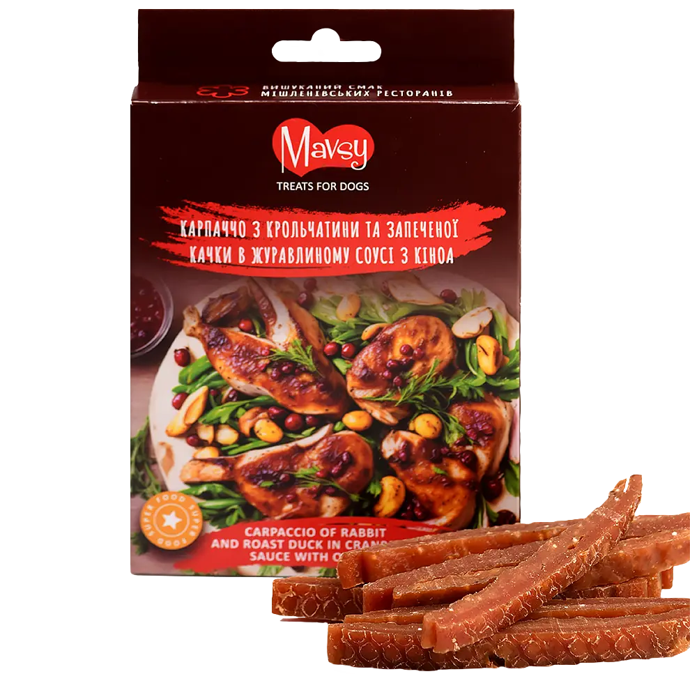 Лакомства за кучета MAVSY, карпачо от заек и печена патица в сос от червени боровинки, 100 г