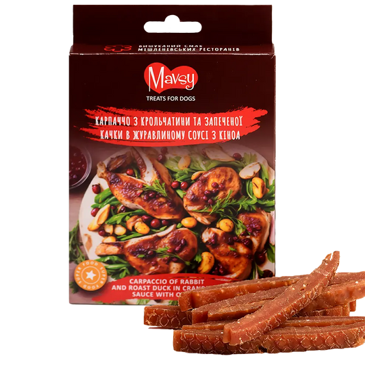 Recompense pentru câini MAVSY, carpaccio din carne de iepure si rata coapta in sos de merisoare, 100 g