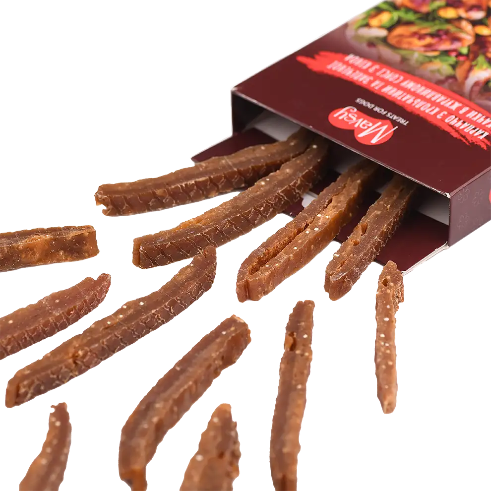 Лакомства за кучета MAVSY, карпачо от заек и печена патица в сос от червени боровинки, 100 г