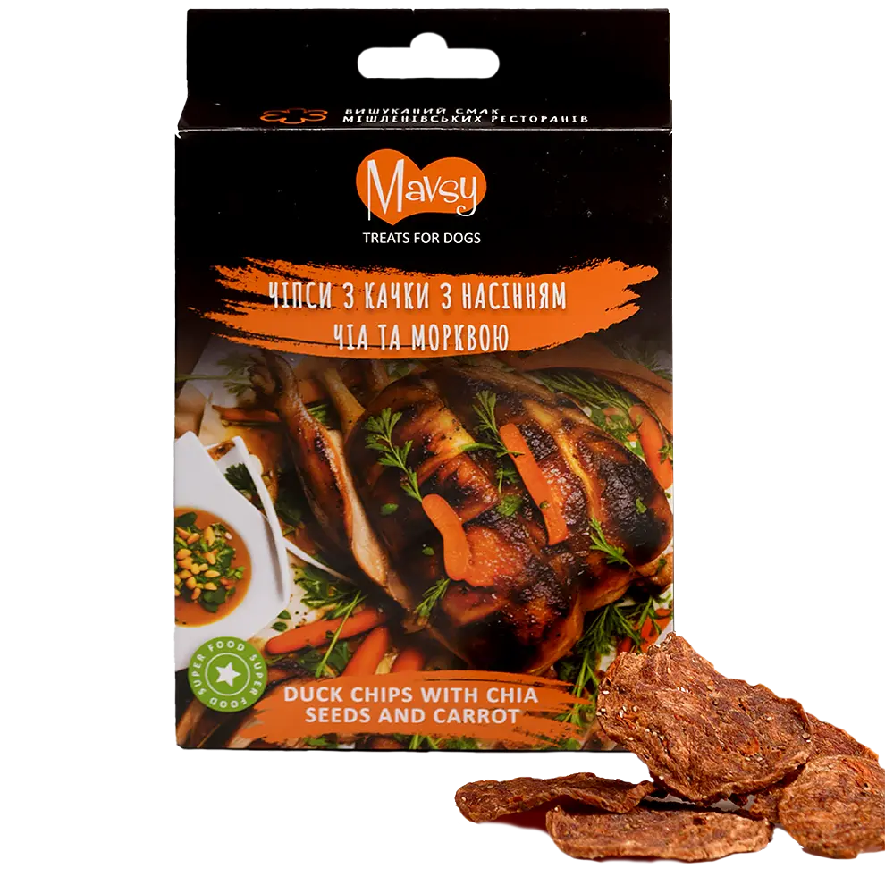 Лакомства за кучета MAVSY, чипс от патешко месо със семена от чиа и морков, 50 г