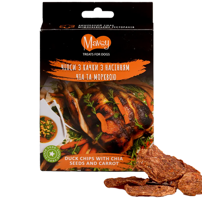Лакомства за кучета MAVSY, чипс от патешко месо със семена от чиа и морков, 50 г