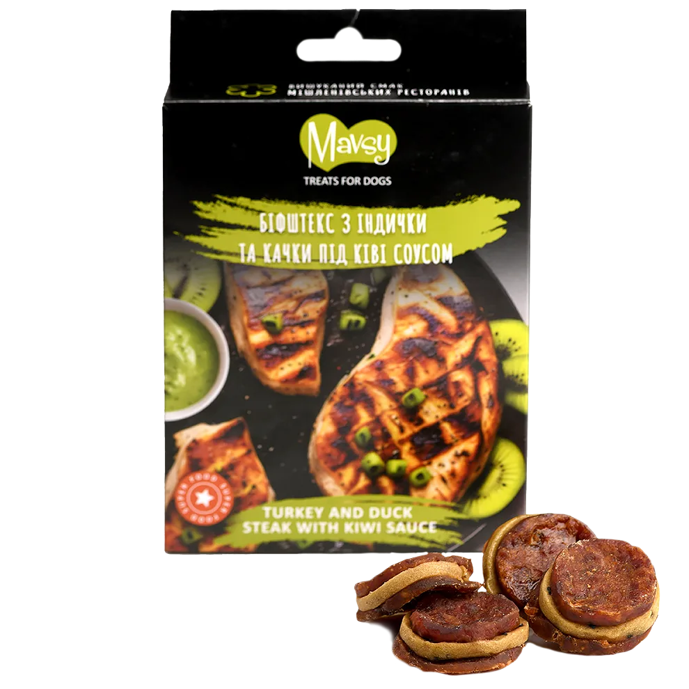 Recompense pentru câini MAVSY, biftec din curcan si rata cu sos de kiwi, 100 g