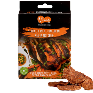 Recompense pentru câini MAVSY, chipsuri din rata cu seminte de chia si morcov, 50 g