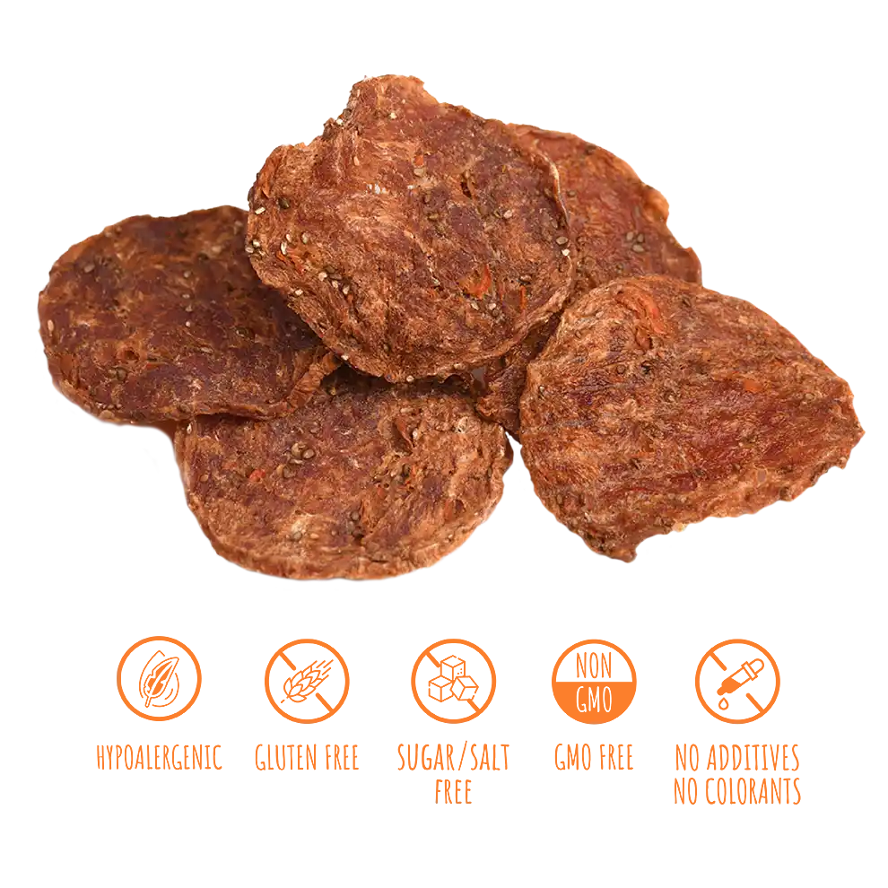 Лакомства за кучета MAVSY, чипс от патешко месо със семена от чиа и морков, 50 г