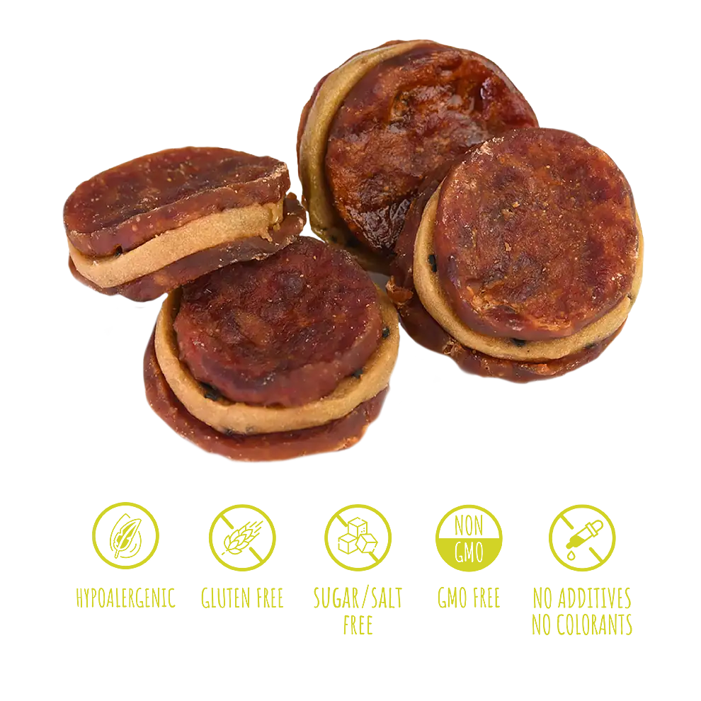 Recompense pentru câini MAVSY, biftec din curcan si rata cu sos de kiwi, 100 g