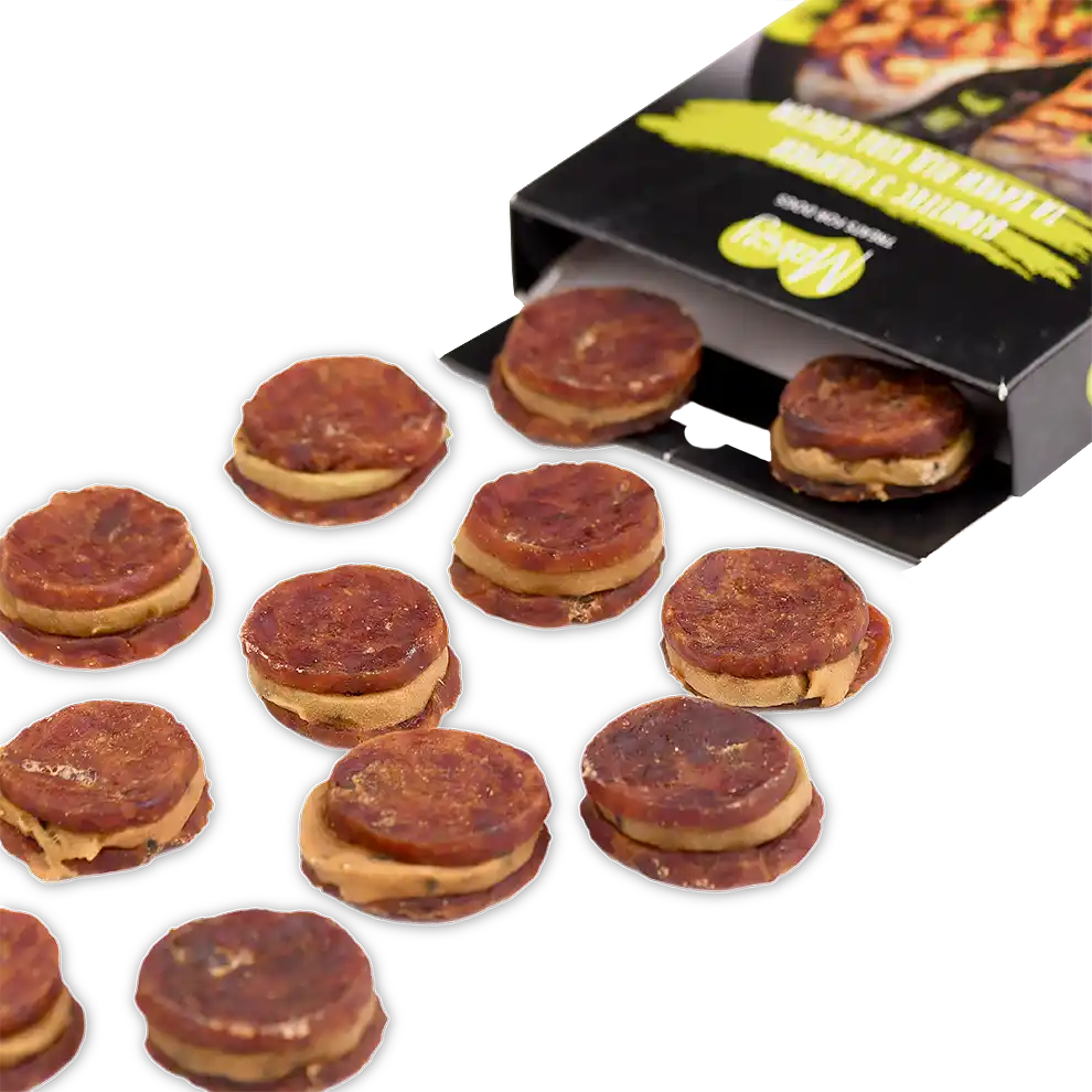 Recompense pentru câini MAVSY, biftec din curcan si rata cu sos de kiwi, 100 g