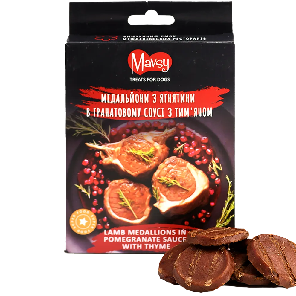 Recompense pentru câini MAVSY, medalioane din carne de miel in sos de rodii cu cimbru, 100 g, ambalaj produs