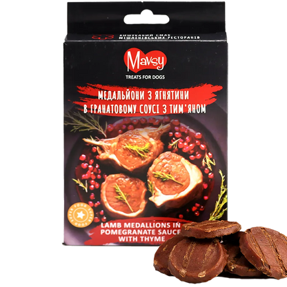 Recompense pentru câini MAVSY, medalioane din carne de miel in sos de rodii cu cimbru, 100 g, ambalaj produs