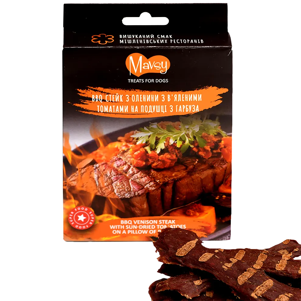 Лакомства за кучета MAVSY, Телешки стек със сушени домати върху тиквена коричка, 100 г