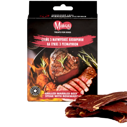 Recompense pentru câini MAVSY, steak din carne de vita marmorita la gratar cu rozmarin, 100 g