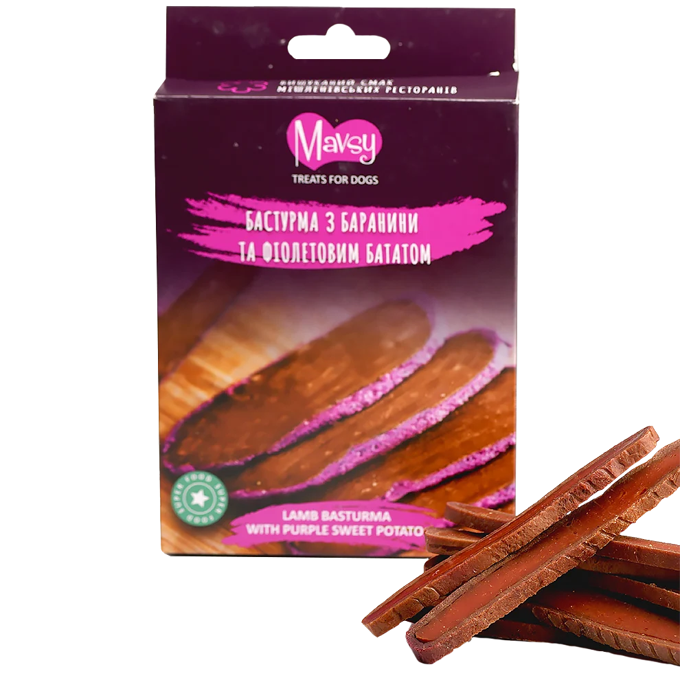 Recompense pentru câini MAVSY, basturma din carne de oaie si cartof violet, 100 g, ambalaj produs