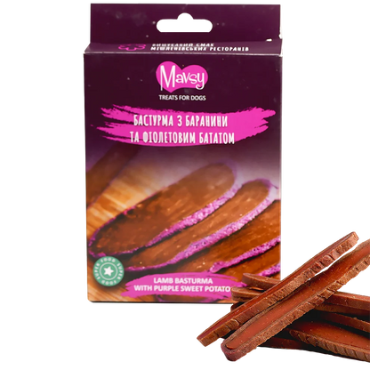 Лакомства за кучета MAVSY, овче бастурма и лилав картоф, 100 г