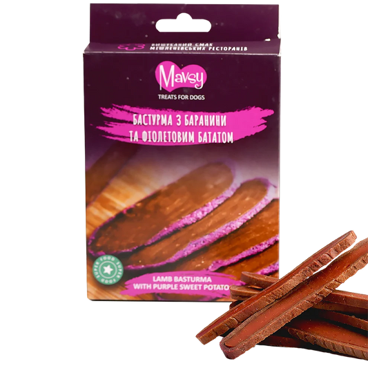 Recompense pentru câini MAVSY, basturma din carne de oaie si cartof violet, 100 g