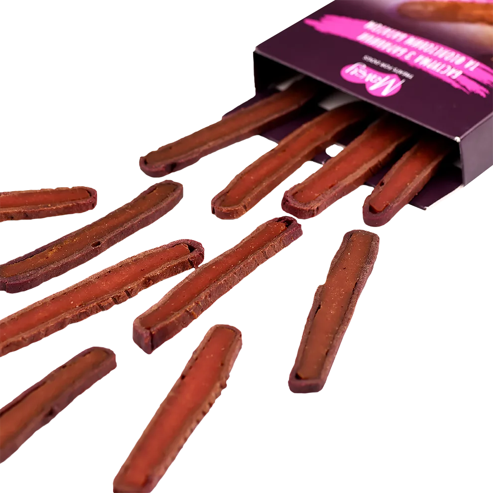 Лакомства за кучета MAVSY, овче бастурма и лилав картоф, 100 г