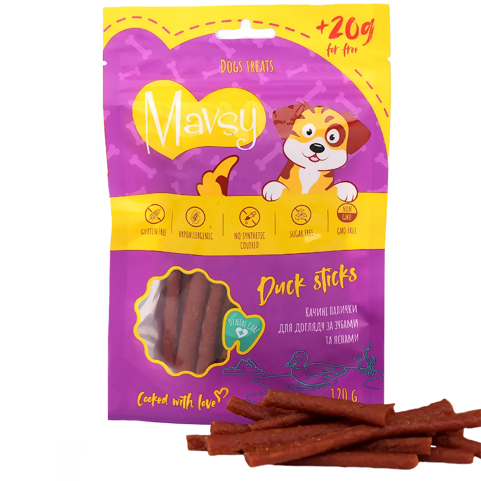 Лакомства за кучета MAVSY, патешки пръчици за грижа за зъбите и венците, 120 г