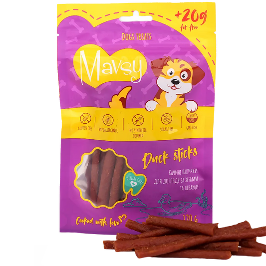 Recompense pentru câini MAVSY, sticks cu rata pentru ingrijirea dintilor si gingiilor, 120 g