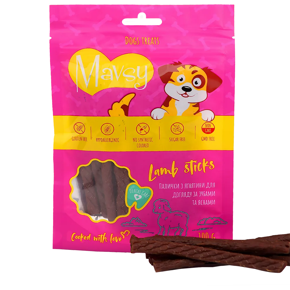 Recompense pentru câini MAVSY, sticks cu miel pentru ingrijirea dintilor si gingiilor, 100 g