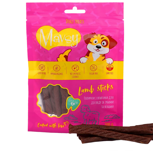 Recompense pentru câini MAVSY, sticks cu miel pentru ingrijirea dintilor si gingiilor, 100 g