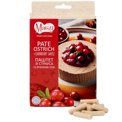 Recompense pentru câini MAVSY, pateu de strut cu sos de merisoare, 50 g