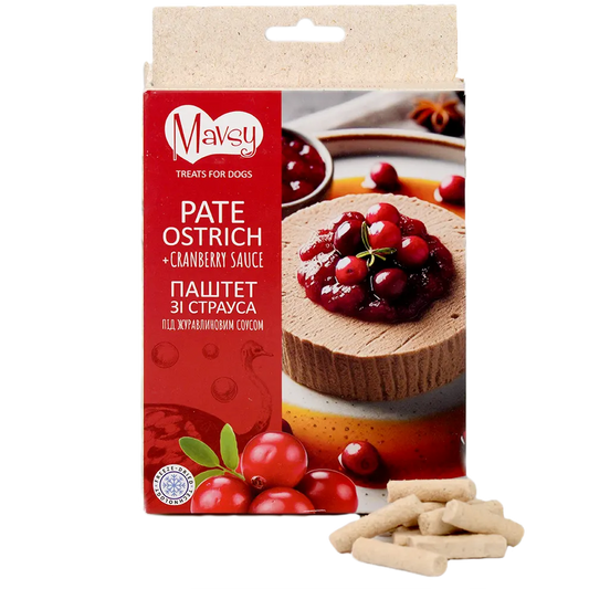 Recompense pentru câini MAVSY, pateu de strut cu sos de merisoare, 50 g