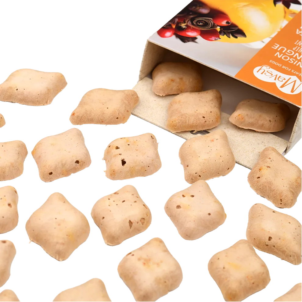 Recompense pentru câini MAVSY, din carne de cerb cu macese si dovleac, 50 g