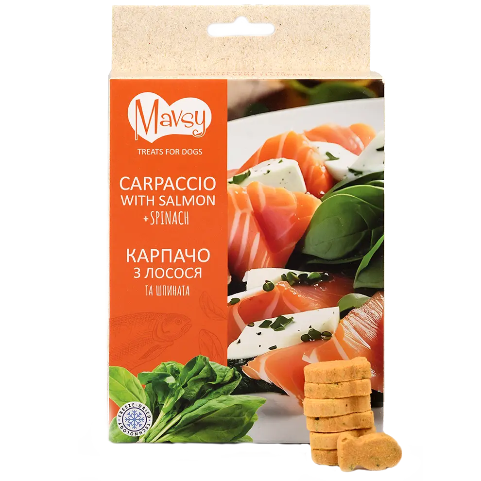 Recompense pentru câini MAVSY, carpaccio din somon cu spanac, 50 g, ambalaj produs