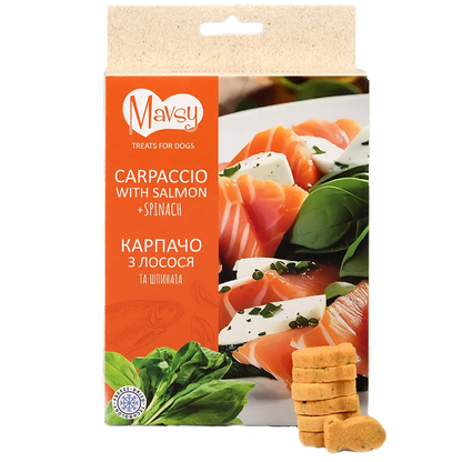 Recompense pentru câini MAVSY, carpaccio din somon cu spanac, 50 g, ambalaj produs