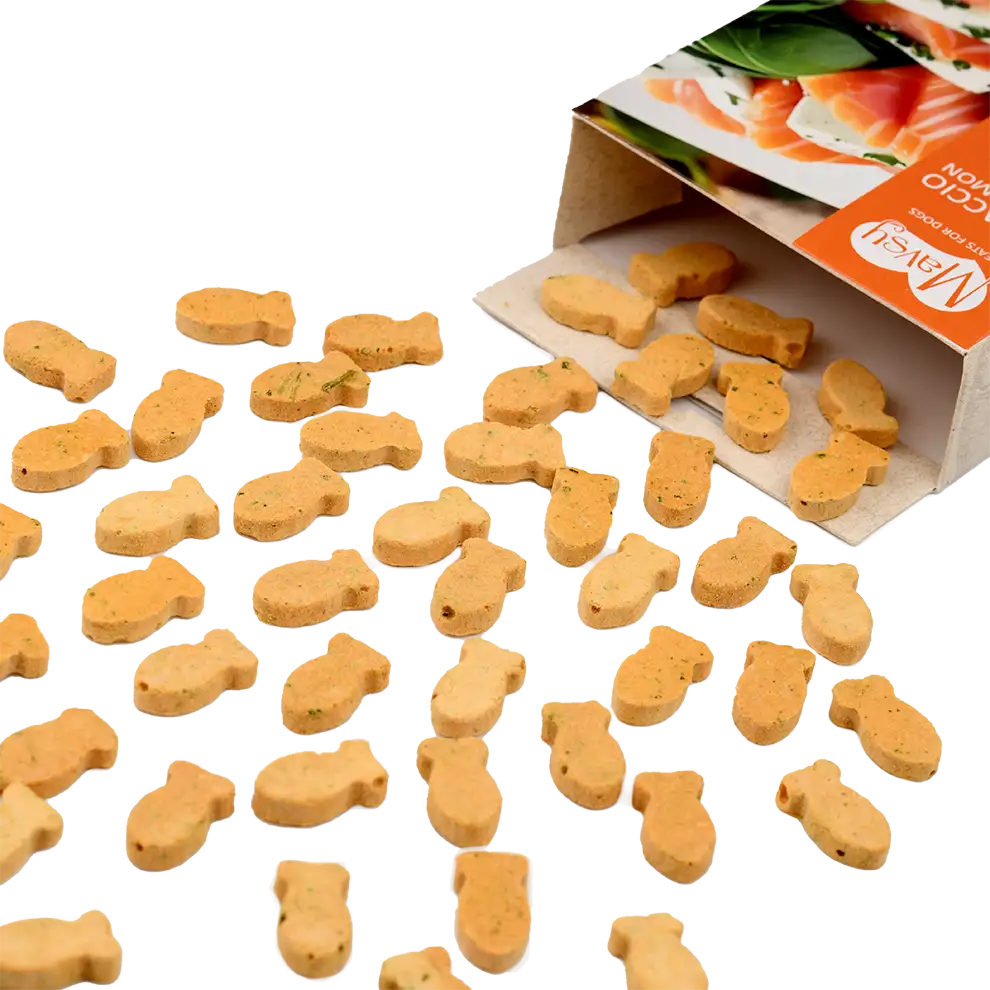 Recompense pentru câini MAVSY, carpaccio din somon cu spanac, 50 g, aspect produs