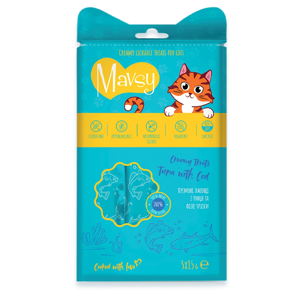 Recompense pentru pisici MAVSY, cu ton si cod, 75 g, ambalaj produs
