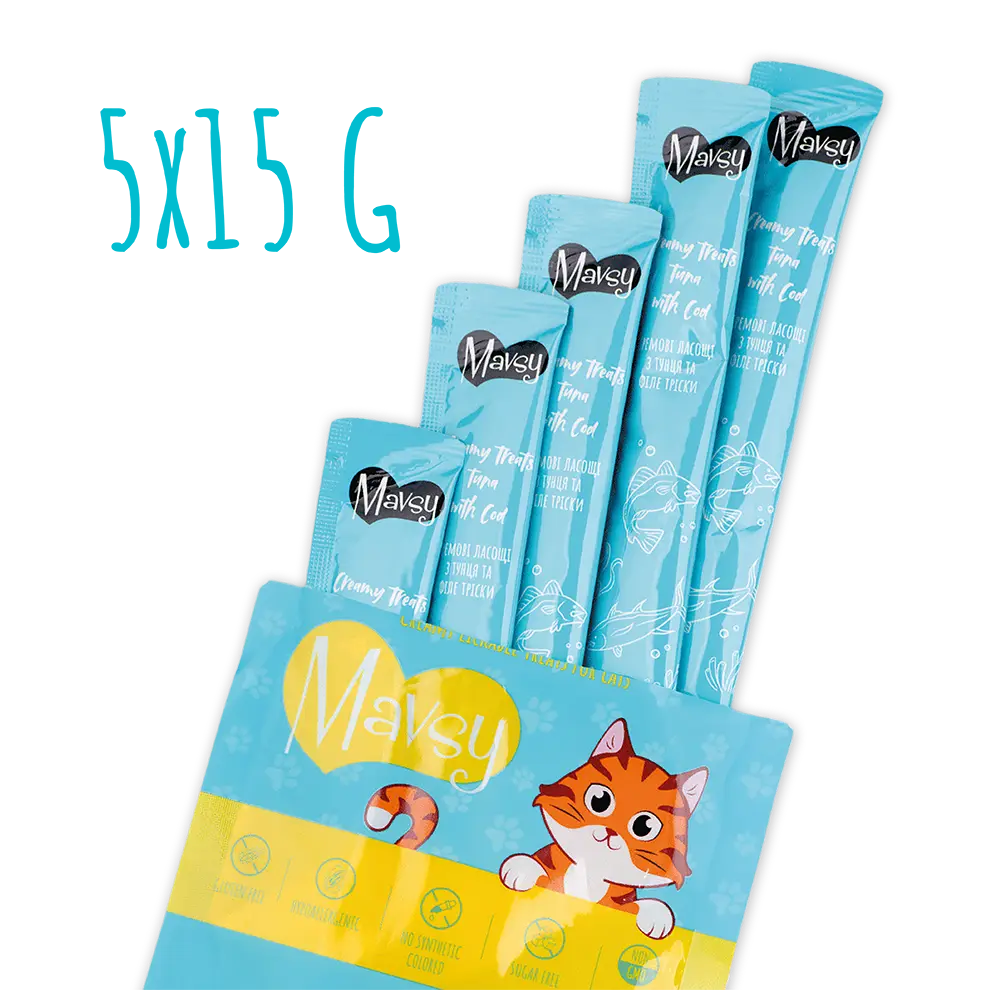 Recompense pentru pisici MAVSY, cu ton si cod, 75 g, produs în utilizare