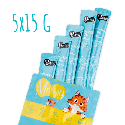 Recompense pentru pisici MAVSY, cu ton si cod, 75 g, produs în utilizare