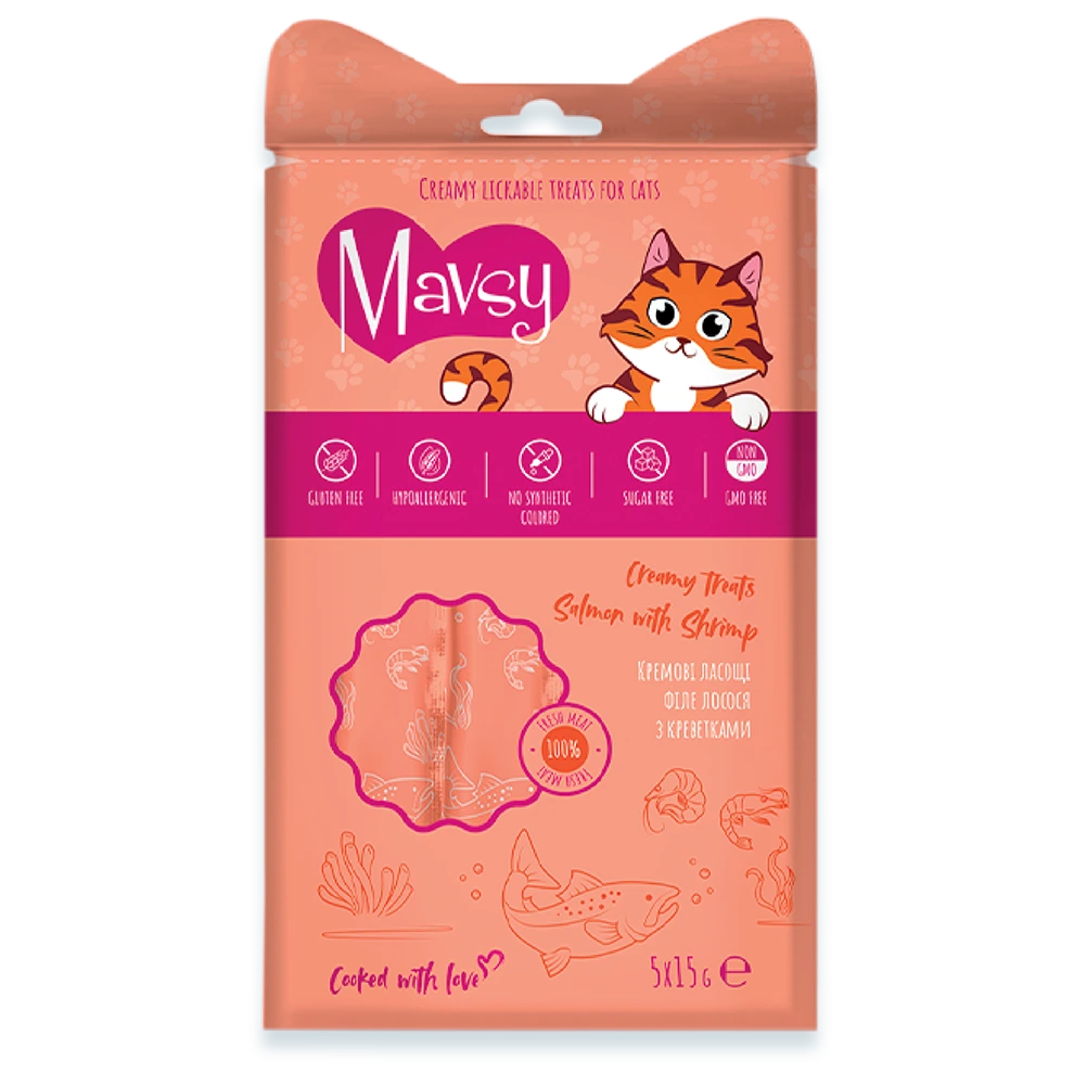 Recompense pentru pisici MAVSY, cu somon si creveti, 75 g