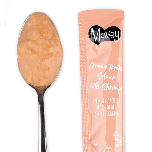 Лакомства за котки MAVSY, със сьомга и скариди, 75 г