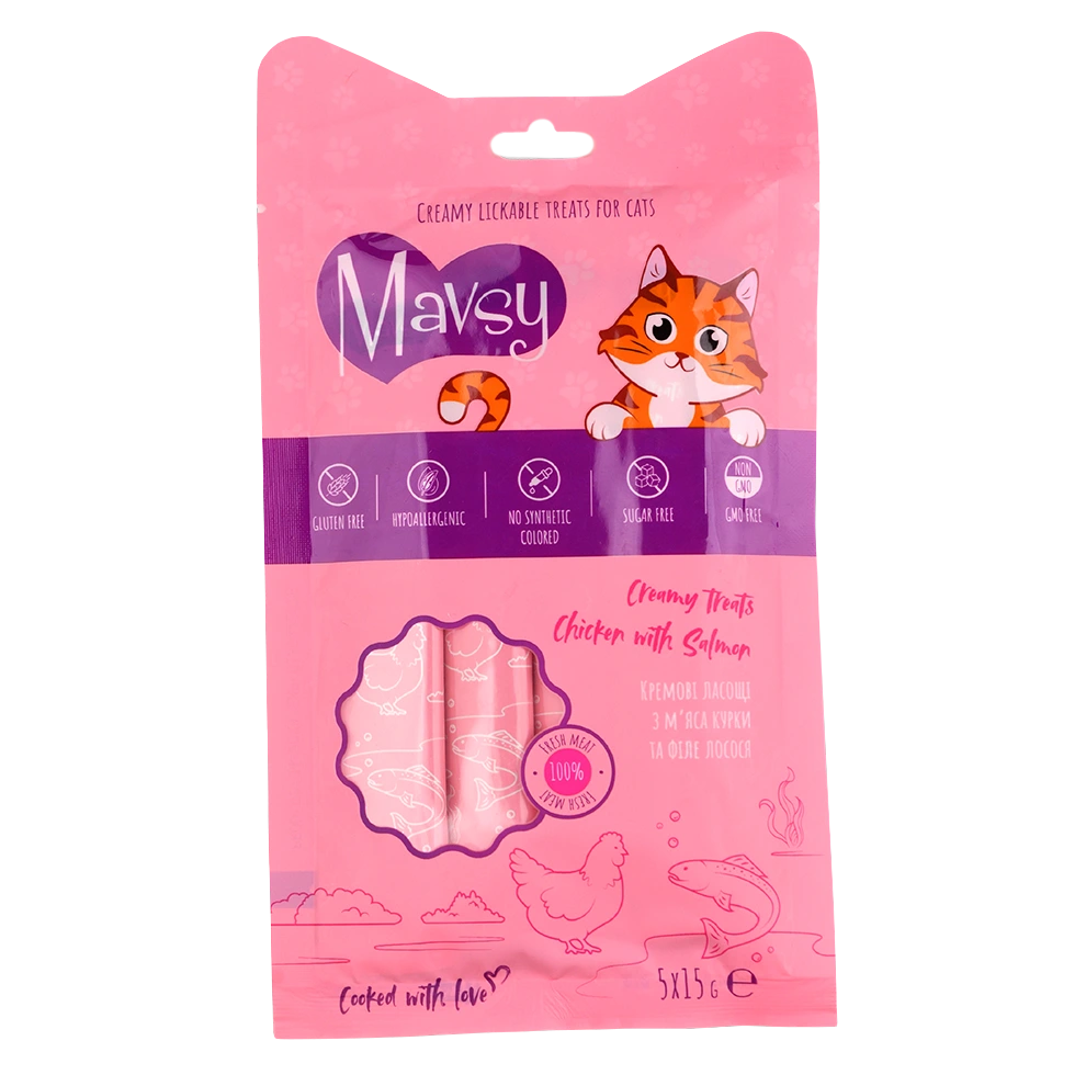 Лакомства за котки MAVSY, без отмиване, с пилешко месо и сьомга, 75 г