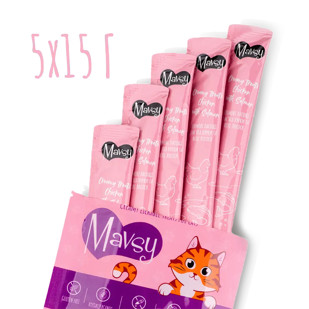 Лакомства за котки MAVSY, без отмиване, с пилешко месо и сьомга, 75 г