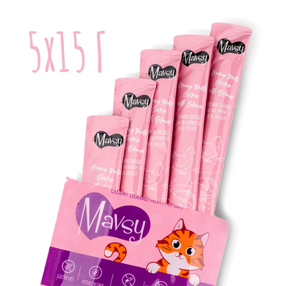 Лакомства за котки MAVSY, без отмиване, с пилешко месо и сьомга, 75 г
