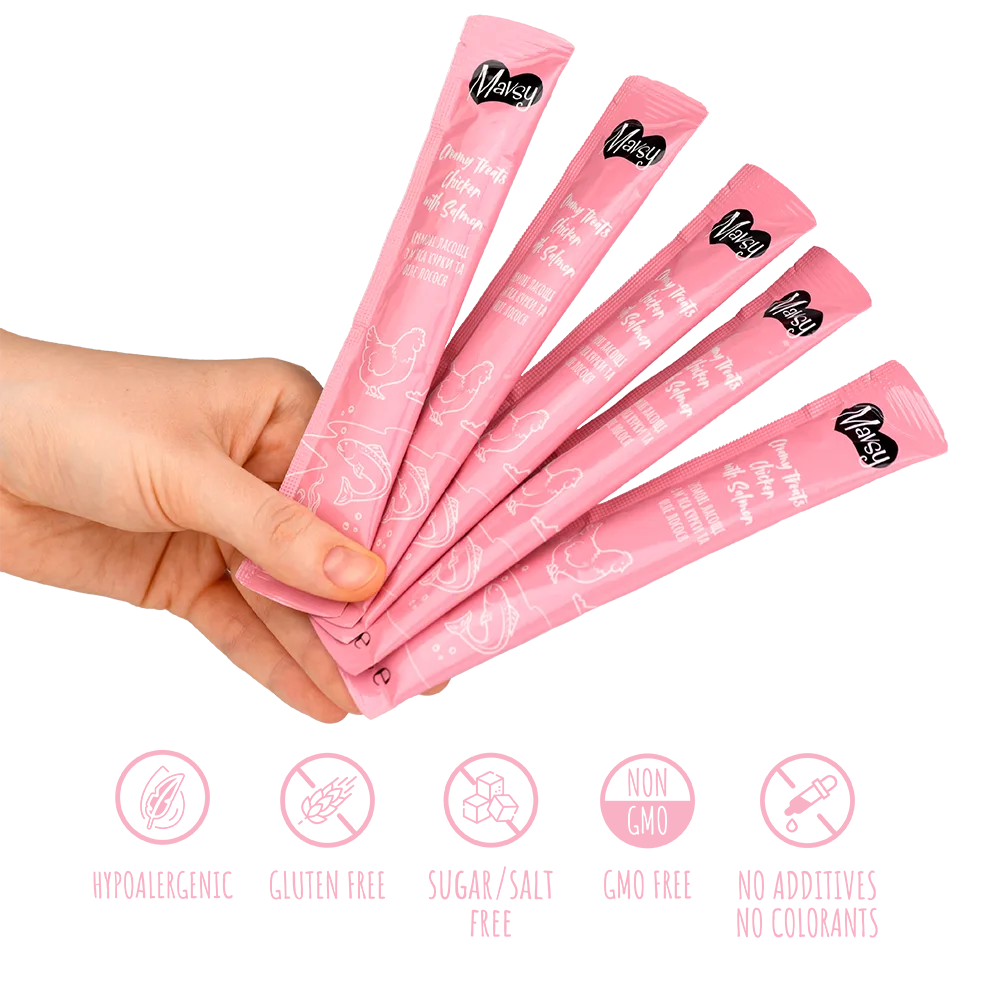 Лакомства за котки MAVSY, без отмиване, с пилешко месо и сьомга, 75 г