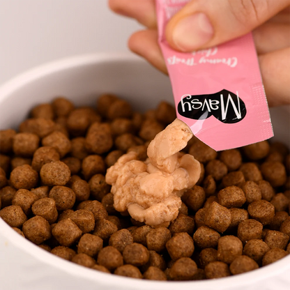 Лакомства за котки MAVSY, без отмиване, с пилешко месо и сьомга, 75 г