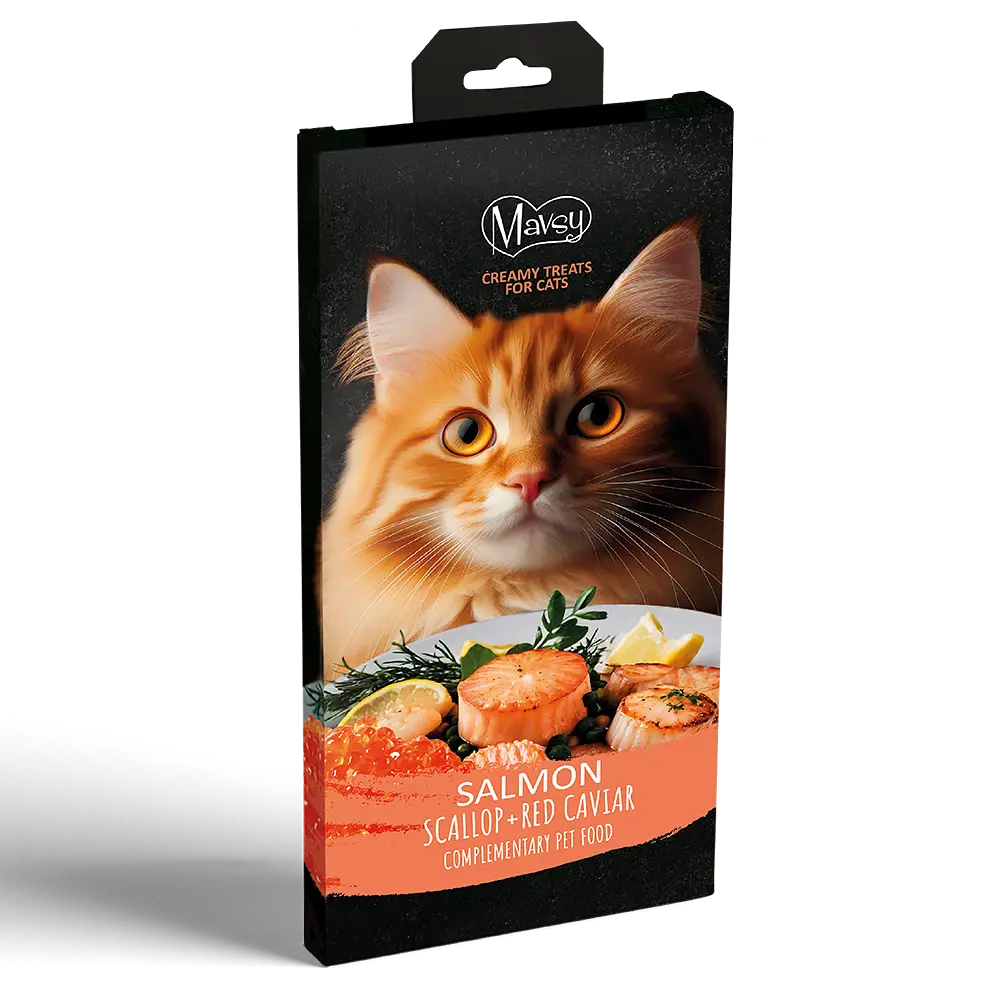MAVSY Лакомства за котки, Кремообразни сьомгови хапки с миди и червен хайвер за котки, 75 г
