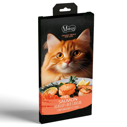 Recompense pentru pisici MAVSY, cremoase de lings cu somon cu scoici si caviar rosu pentru pisici, 75 g