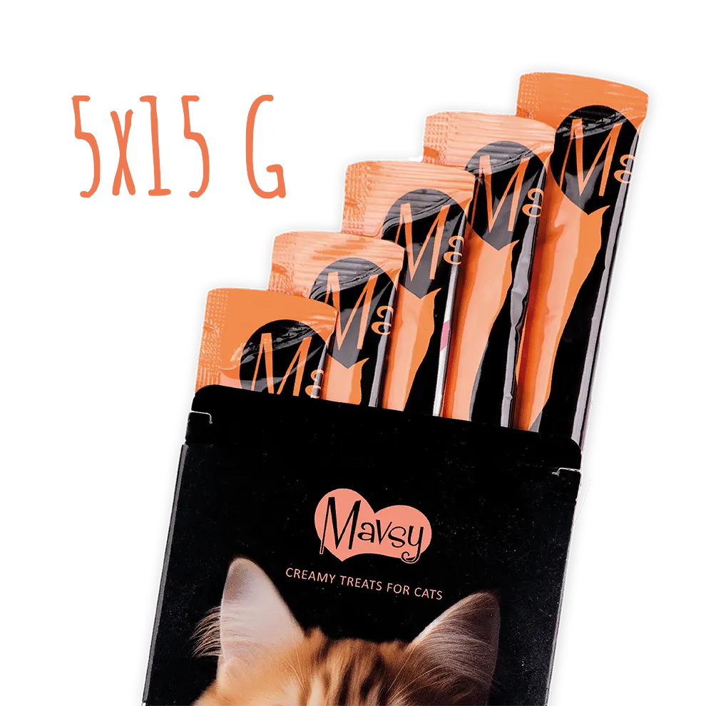 MAVSY Лакомства за котки, Кремообразни сьомгови хапки с миди и червен хайвер за котки, 75 г