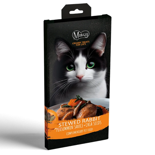 Лакомства за котки MAVSY, под формата на задушен заек в сос от печена райска ябълка със семена от чиа, 75 г