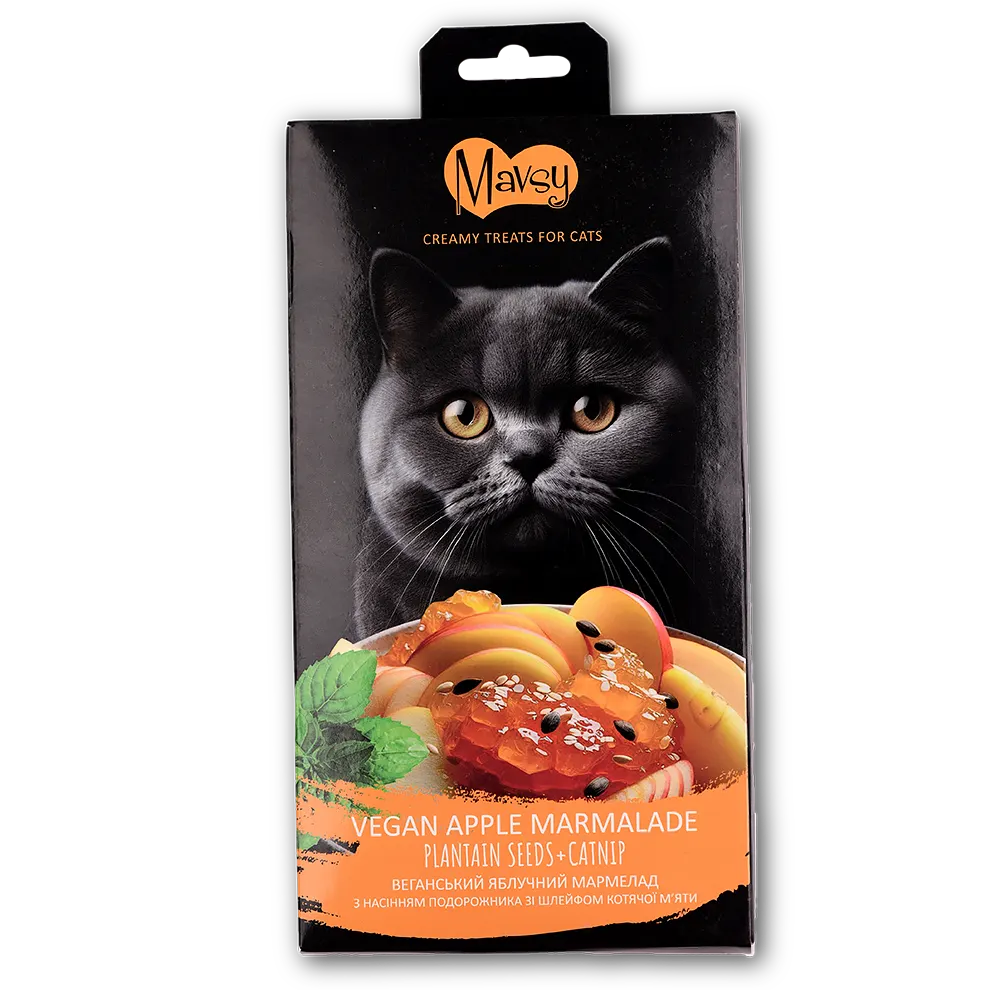 Лакомства за котки MAVSY, веган ябълков мармалад със семена от живовляк и нотка котешка трева, 75 г