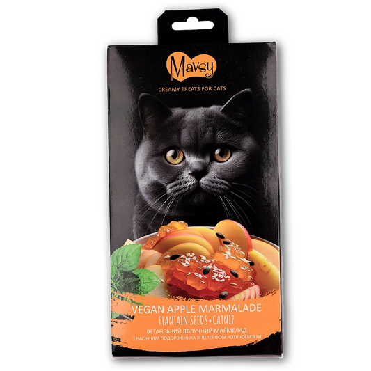 Лакомства за котки MAVSY, веган ябълков мармалад със семена от живовляк и нотка котешка трева, 75 г
