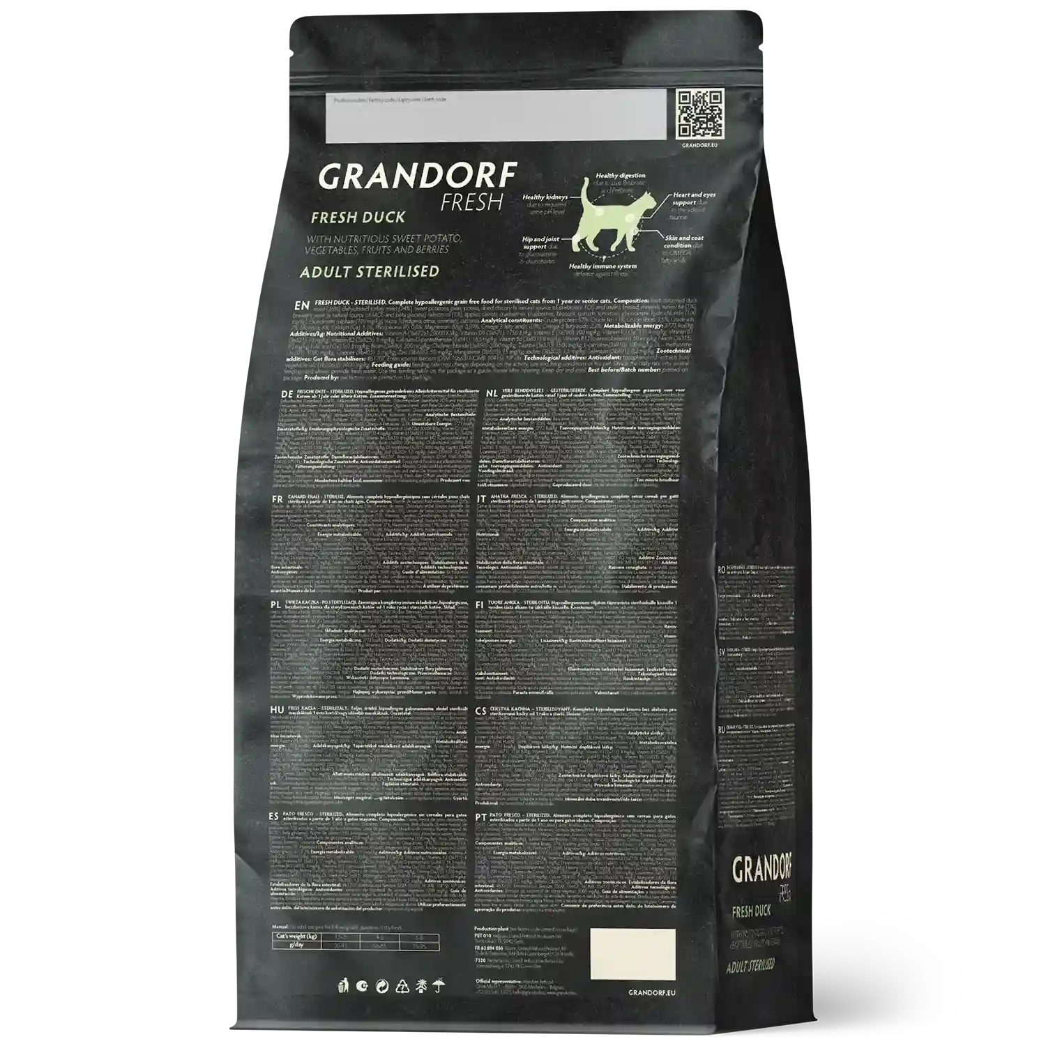 Hrana uscata pentru pisici Grandorf, cu Carne de Rata Proaspata si Cartofi Dulci, pentru Pisici Sterilizate sau Seniori, aspect produs